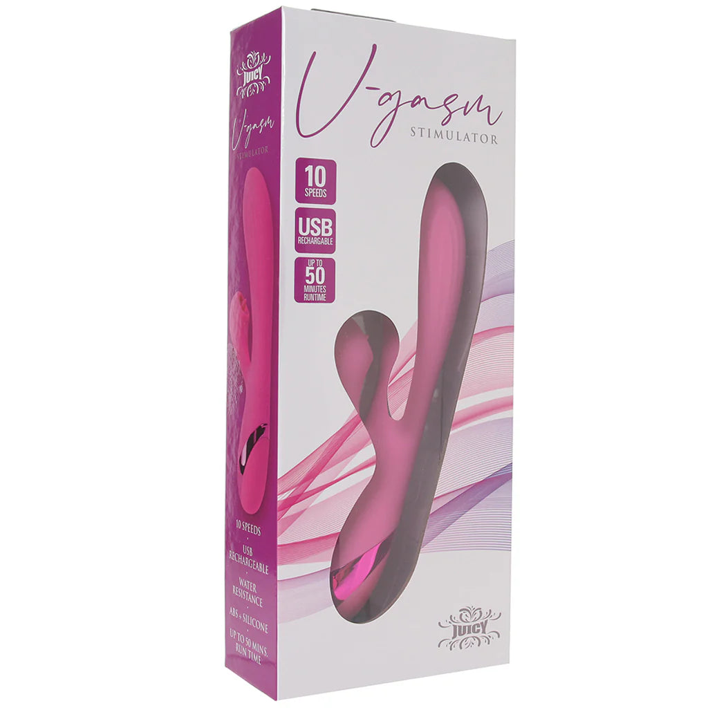 Juicy V-Gasm pink rabbit vibrator with licking clitoral stimulator and curved G-spot shaft
