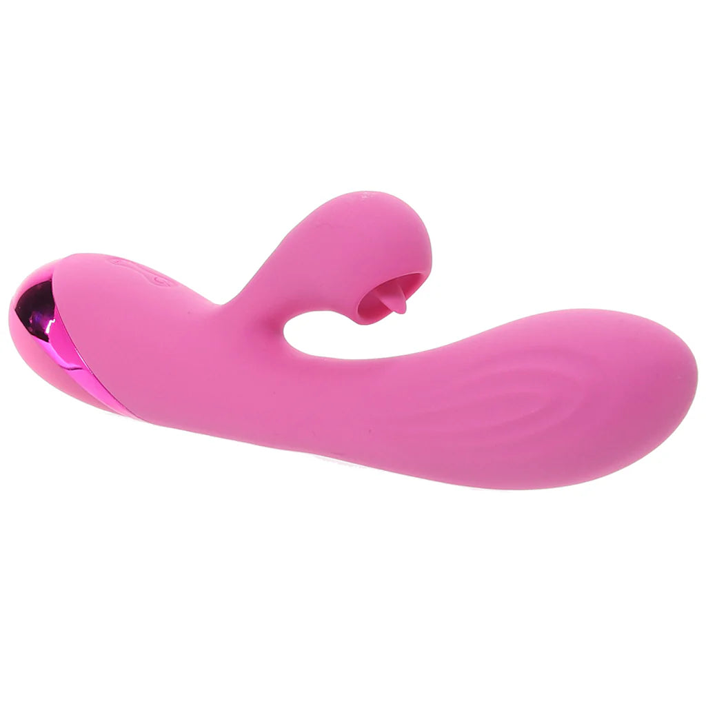 Juicy V-Gasm pink rabbit vibrator with licking clitoral stimulator and curved G-spot shaft