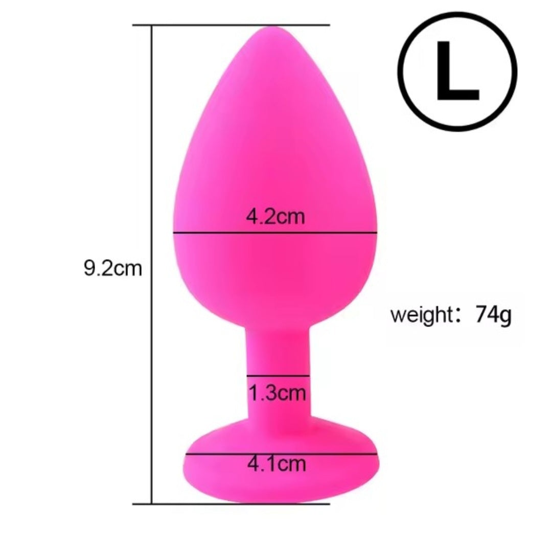 Large silicone butt plug with silver gem in pink