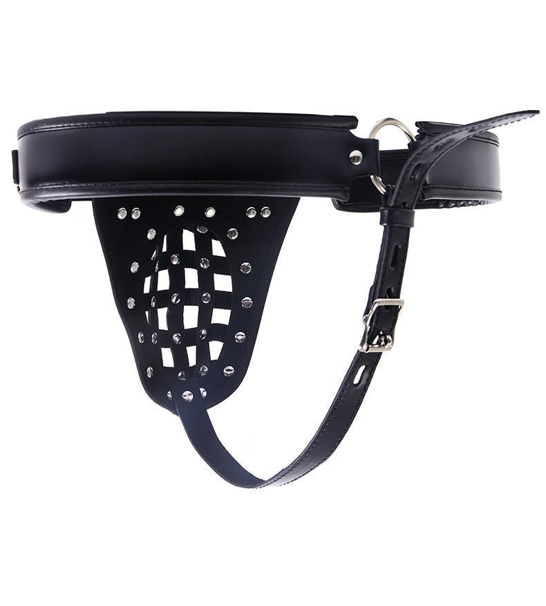 Men’s PU leather chastity belt with adjustable buckle and metal hardware