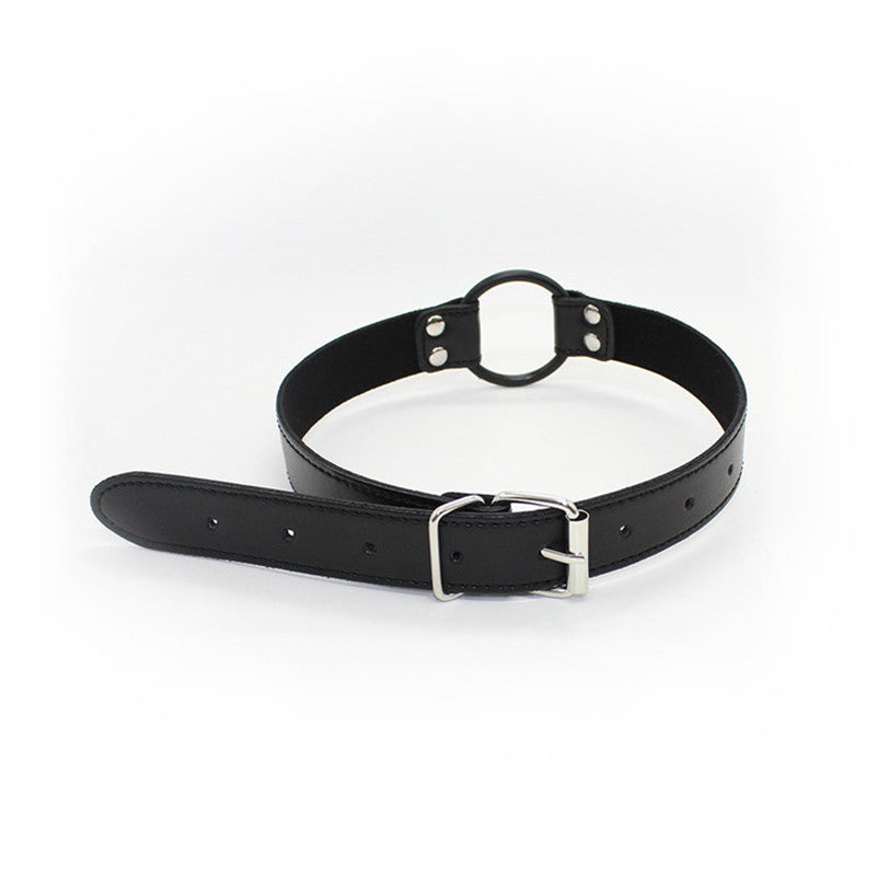 Open ring mouth gag with exposed metal ring and adjustable synthetic leather strap