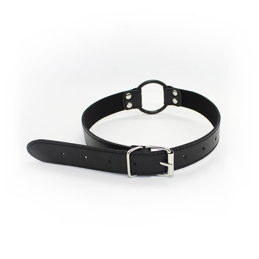 Open ring mouth gag with exposed metal ring and adjustable synthetic leather strap