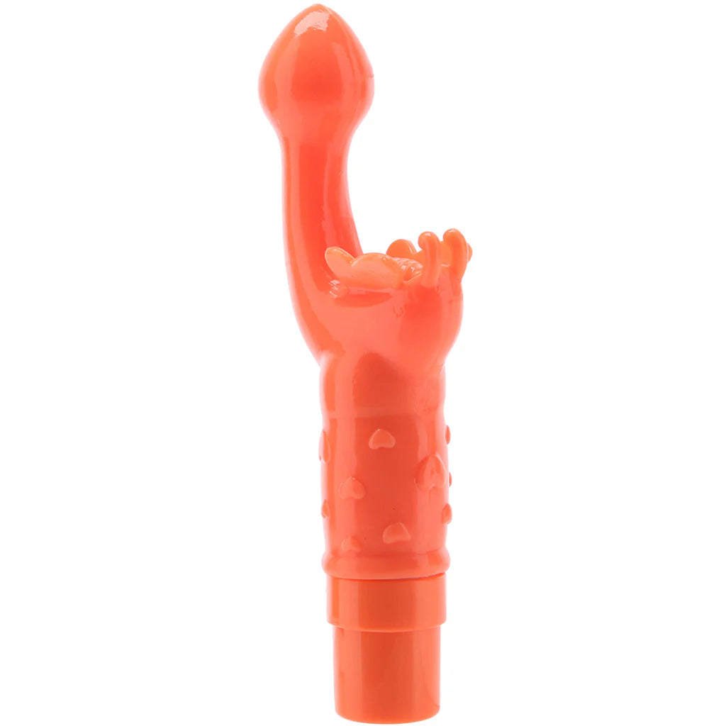 Orange rechargeable Butterfly Kiss vibrator with curved G-spot stimulator and butterfly-style clitoral teaser for dual stimulation.