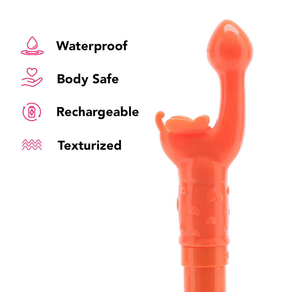 Orange rechargeable Butterfly Kiss vibrator with curved G-spot stimulator and butterfly-style clitoral teaser for dual stimulation.