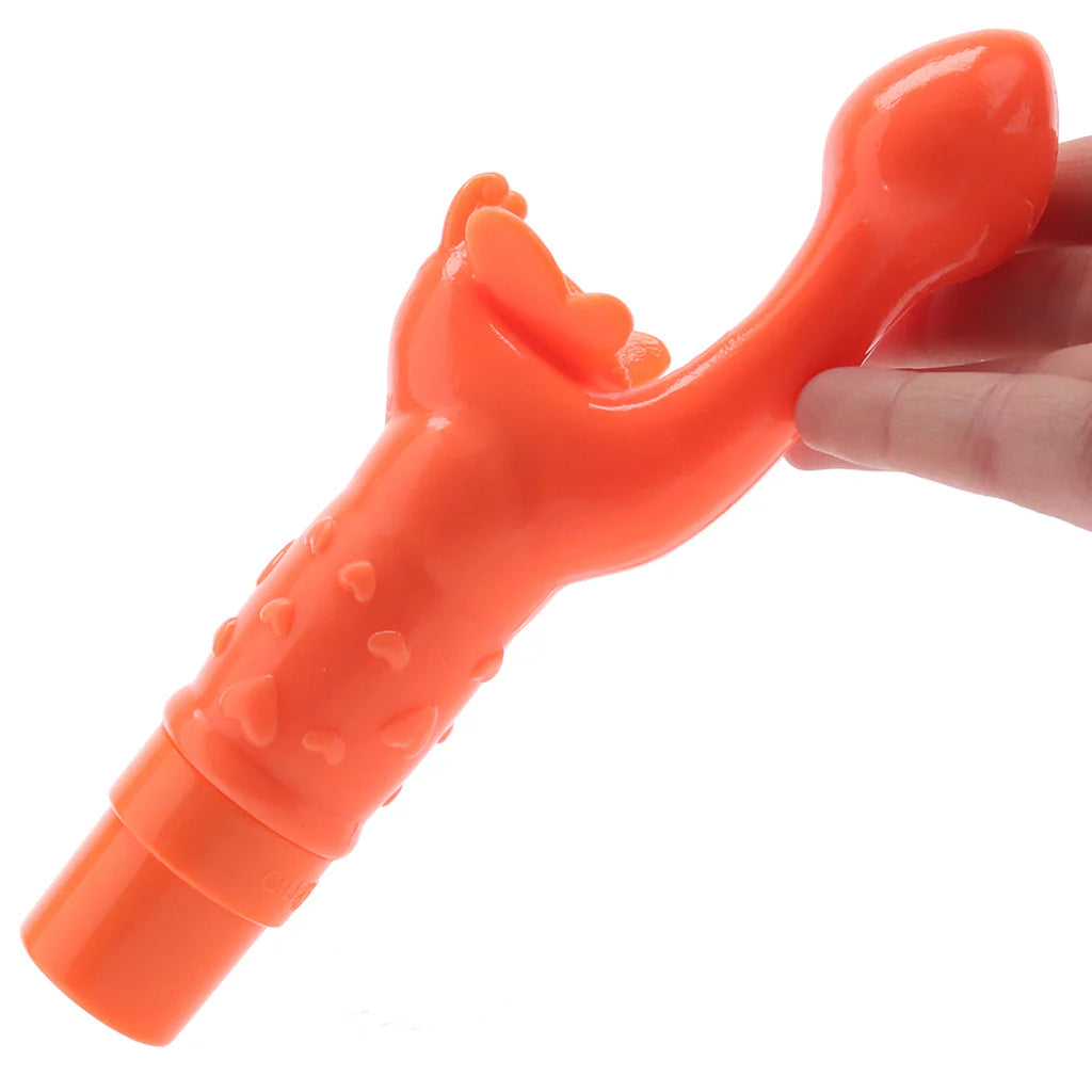 Orange rechargeable Butterfly Kiss vibrator with curved G-spot stimulator and butterfly-style clitoral teaser for dual stimulation.
