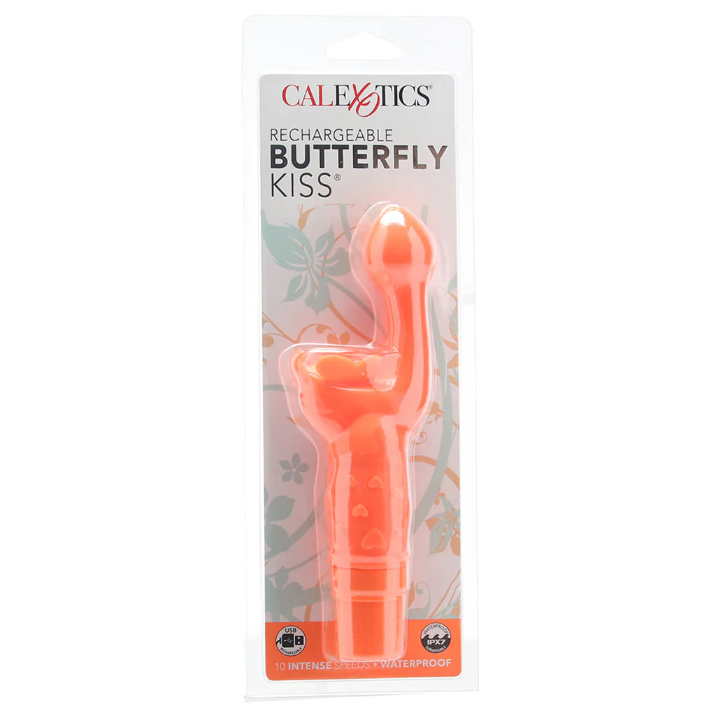 Orange rechargeable Butterfly Kiss vibrator with curved G-spot stimulator and butterfly-style clitoral teaser for dual stimulation.