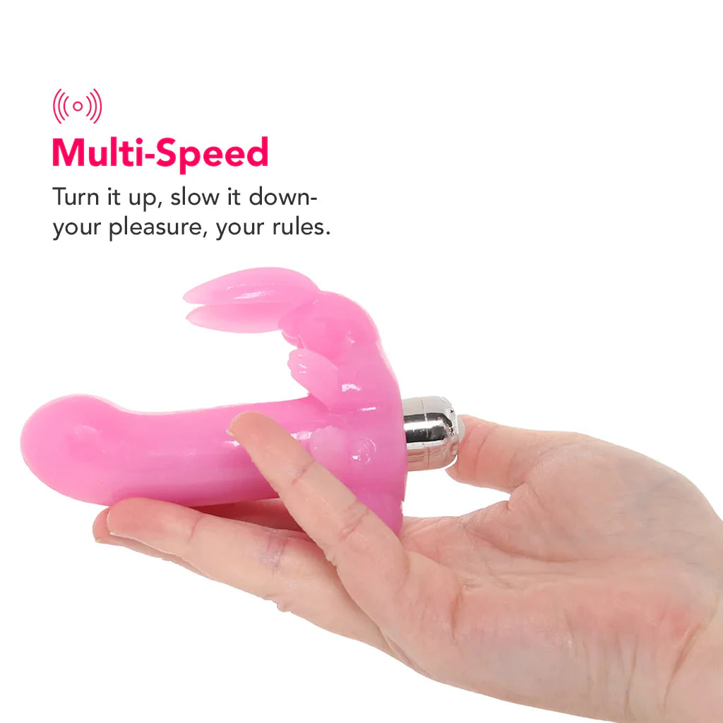 Pink Bunny Dreams rabbit vibrator with curved shaft and bunny-style clitoral stimulator for dual stimulation.