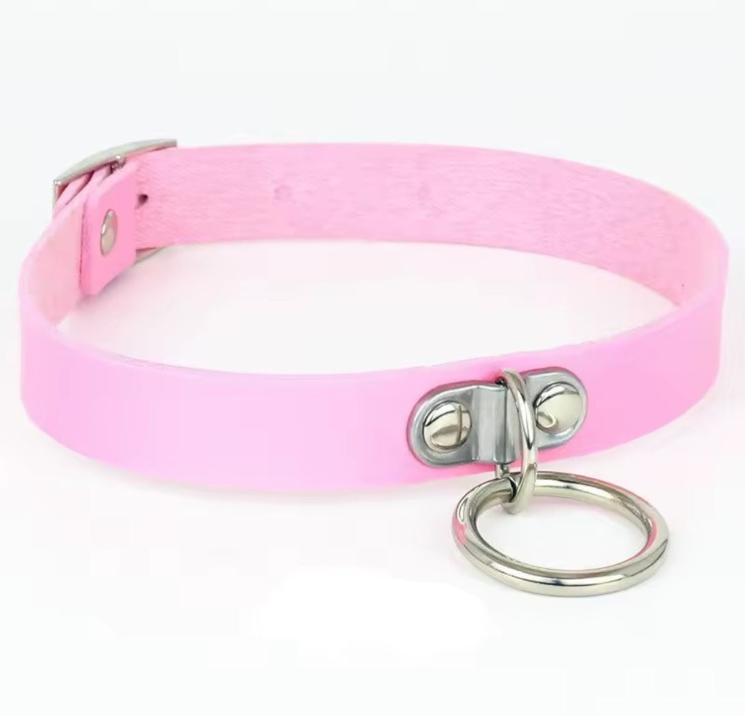Pink submissive collar with front metal ring