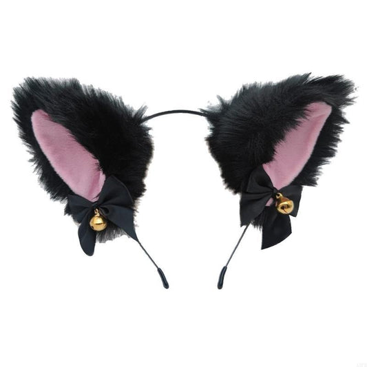 Plush cat ears headband with bow and bell in white or black