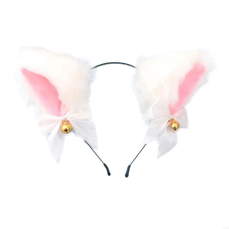 Plush cat ears headband with bow and bell in white or black
