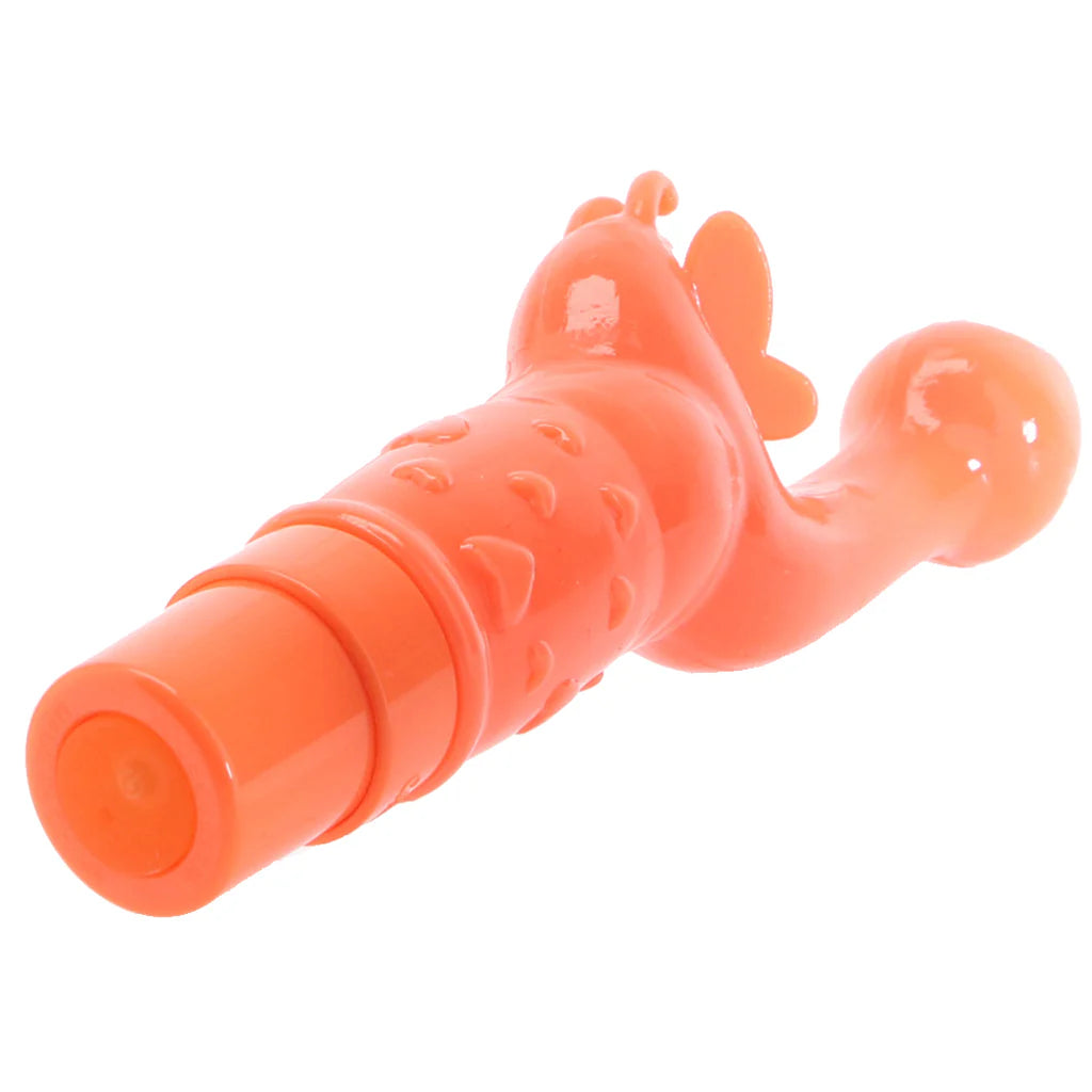 Orange rechargeable Butterfly Kiss vibrator with curved G-spot stimulator and butterfly-style clitoral teaser for dual stimulation.