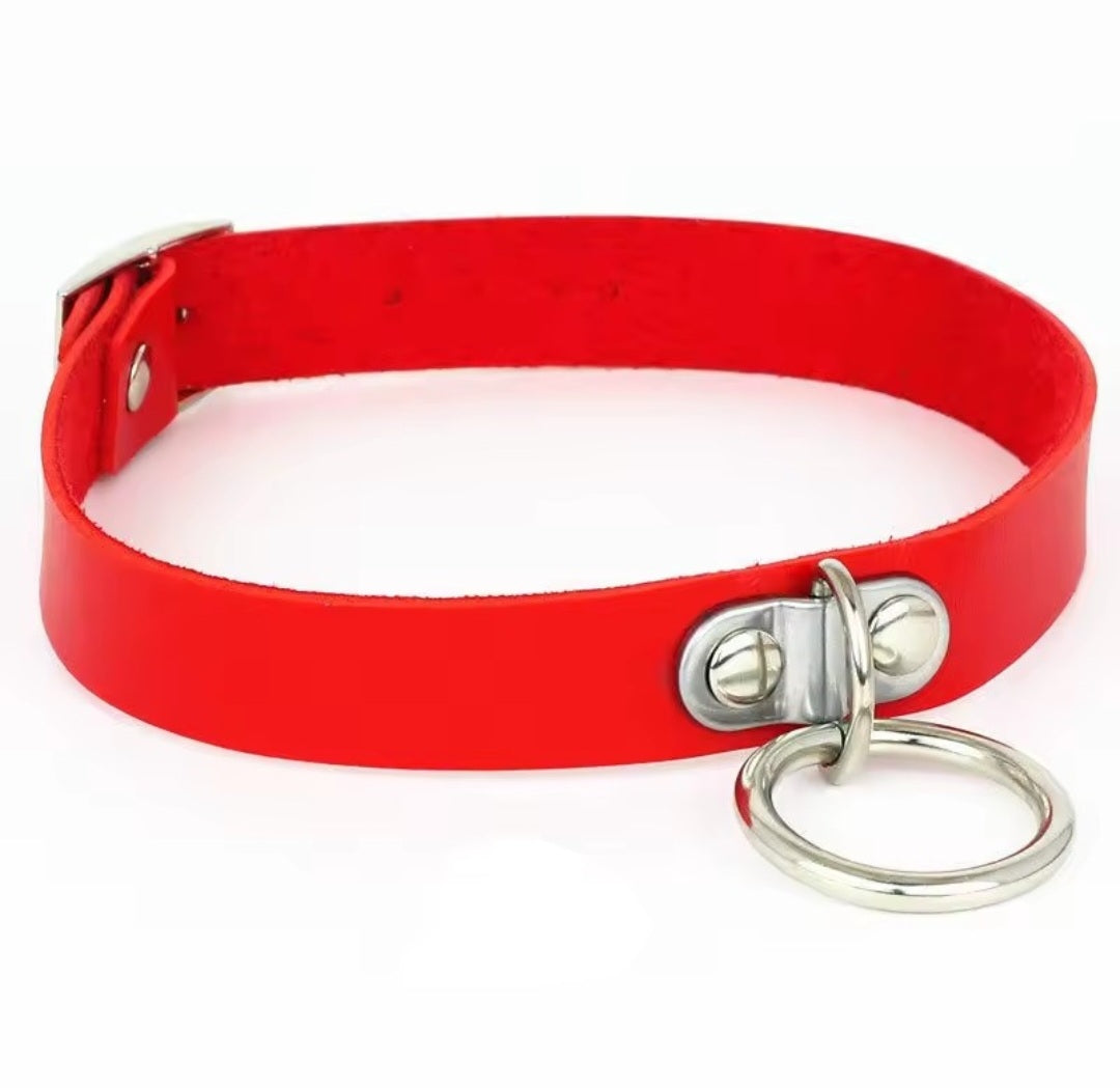 Red submissive collar with front metal ring
