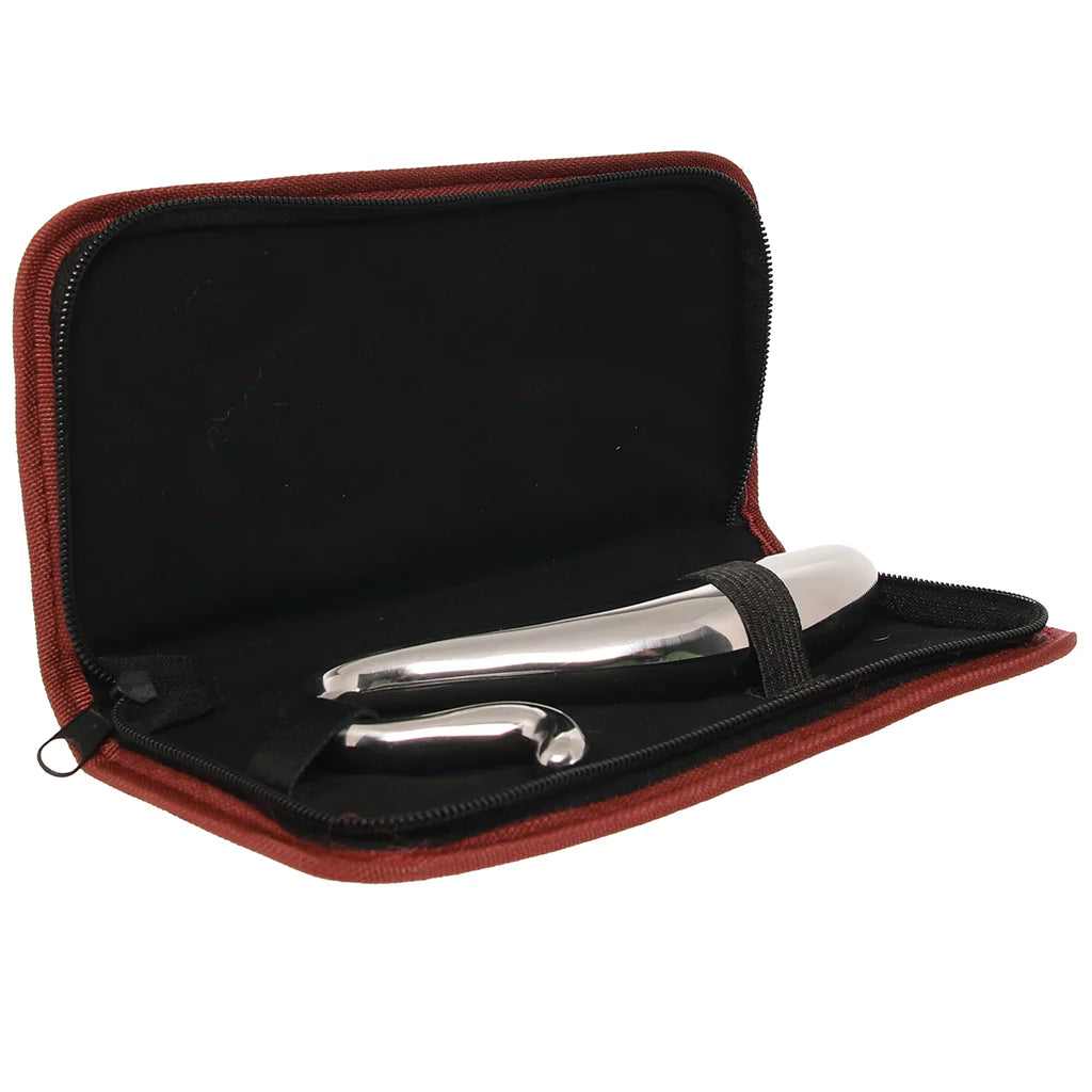 Rouge stainless steel curved wand metal massager with dual-ended design and storage case