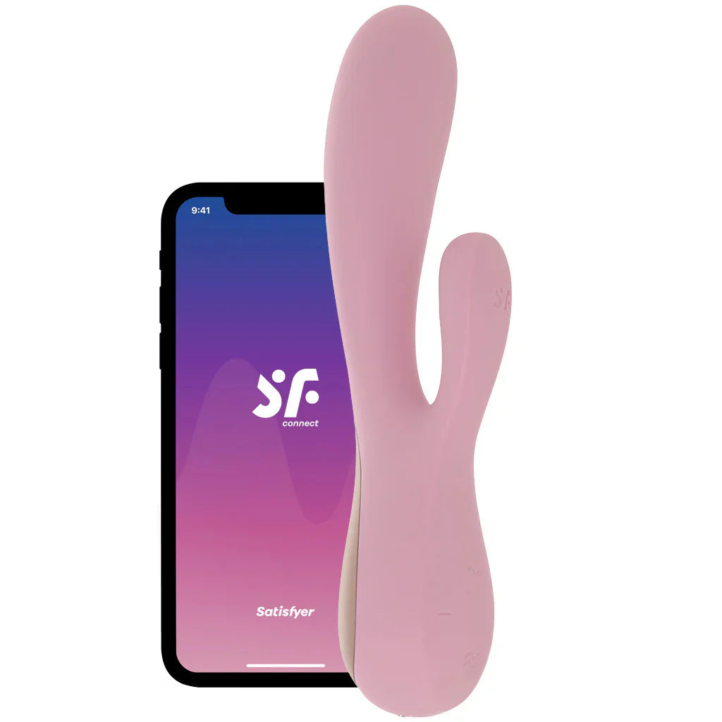 Satisfyer Mono Flex flexible app controlled silicone vibrator available in red or mauve