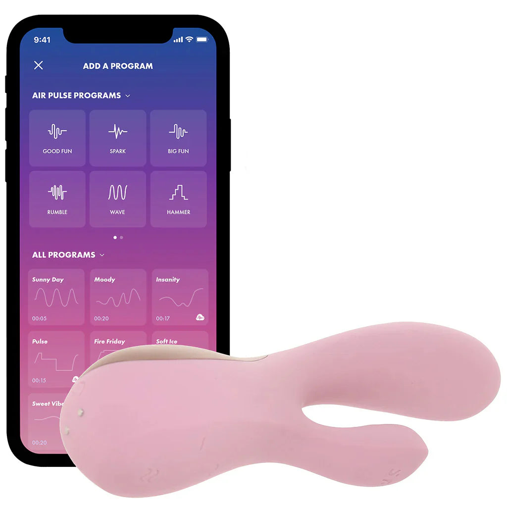 Satisfyer Mono Flex flexible app controlled silicone vibrator available in red or mauve