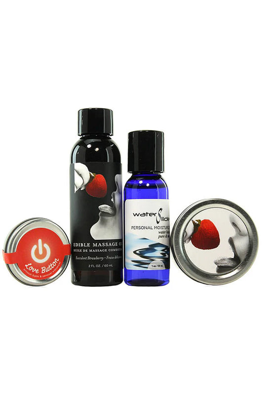 Sensual couples travel set with edible massage oil, water based lubricant, massage candle, and arousal balm for romantic foreplay and intimate relaxation