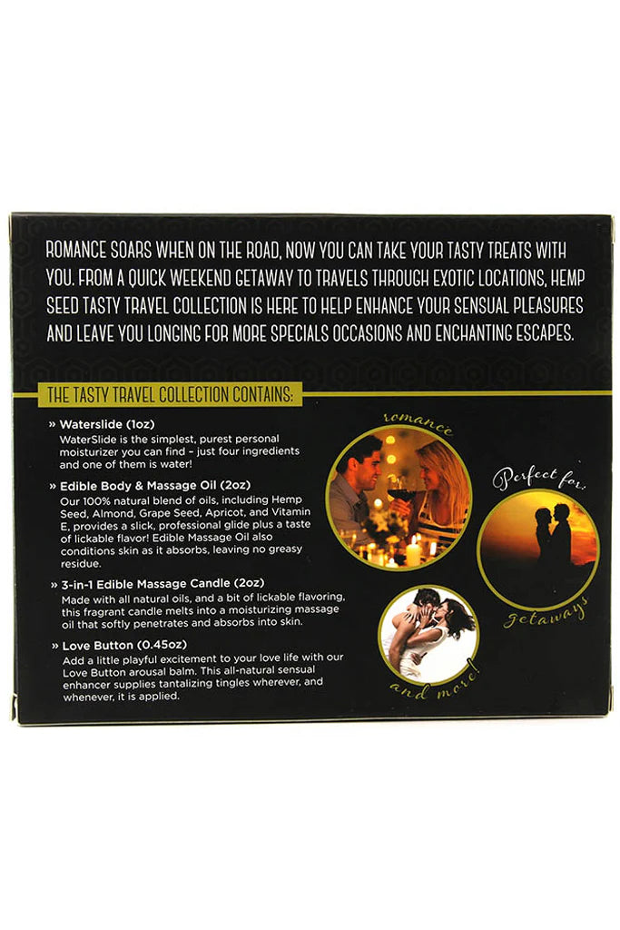 Sensual couples travel set with edible massage oil, water based lubricant, massage candle, and arousal balm for romantic foreplay and intimate relaxation
