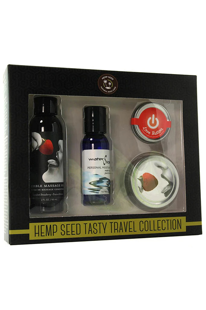 Sensual couples travel set with edible massage oil, water based lubricant, massage candle, and arousal balm for romantic foreplay and intimate relaxation