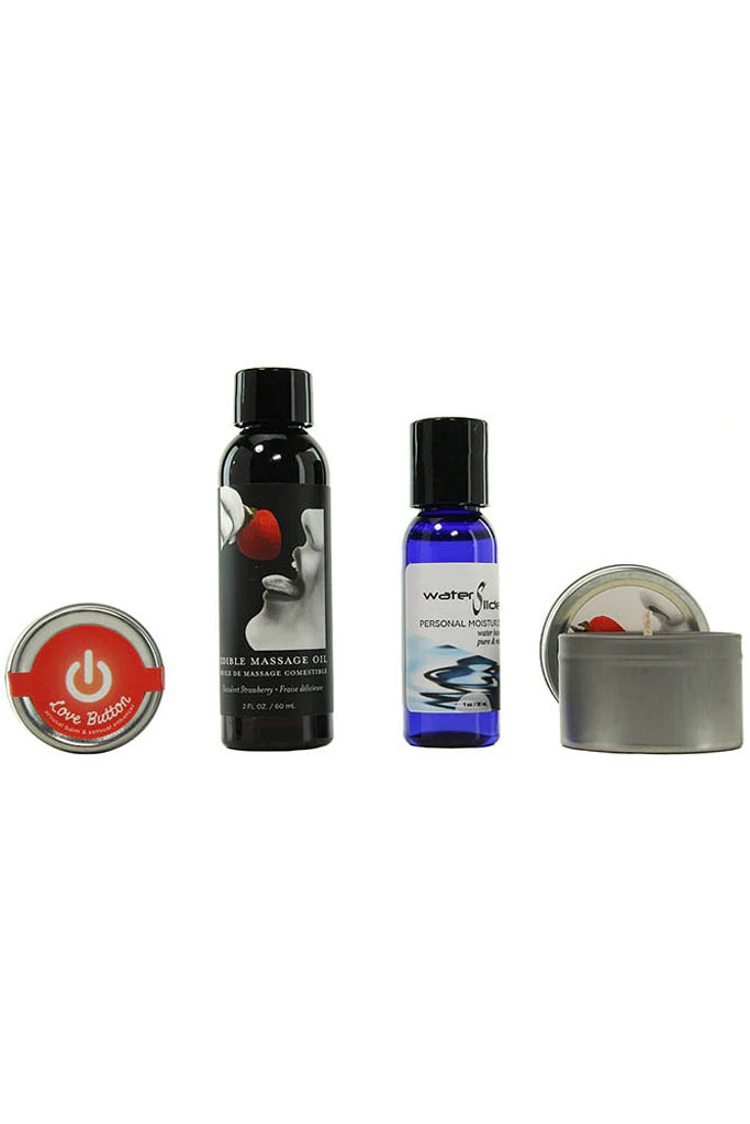 Sensual couples travel set with edible massage oil, water based lubricant, massage candle, and arousal balm for romantic foreplay and intimate relaxation