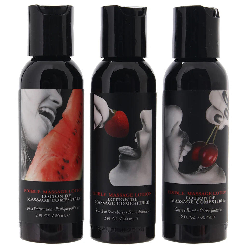 Set of edible massage lotions with flavored sensual body oils designed for couples massage, foreplay, and intimate relaxation