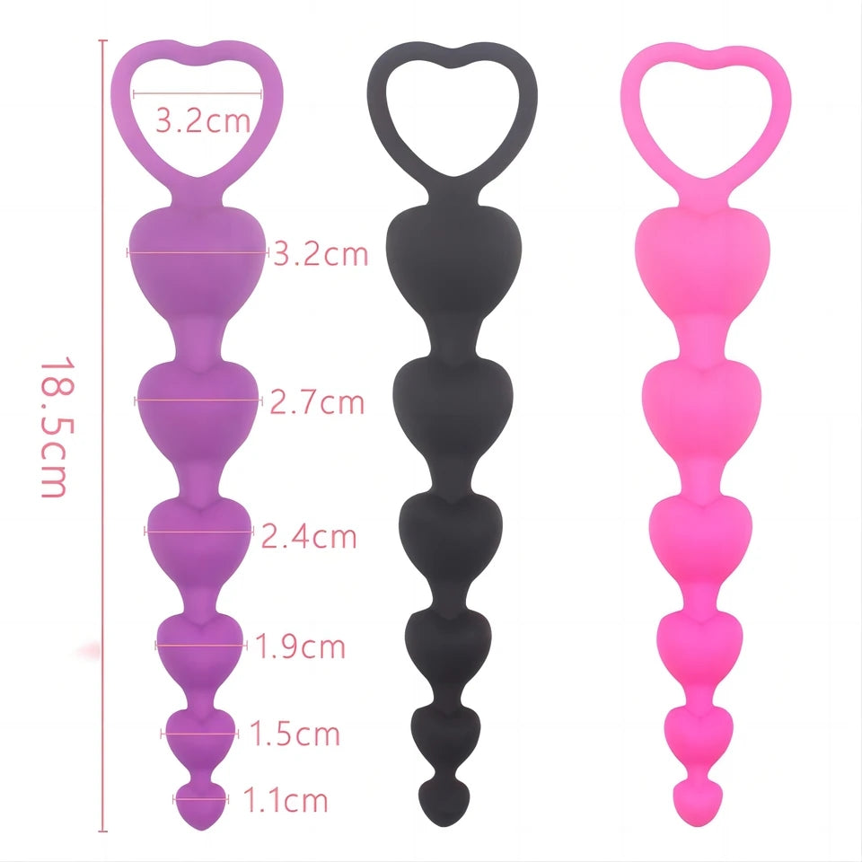 Silicone anal heart beads with heart handle in multiple colors