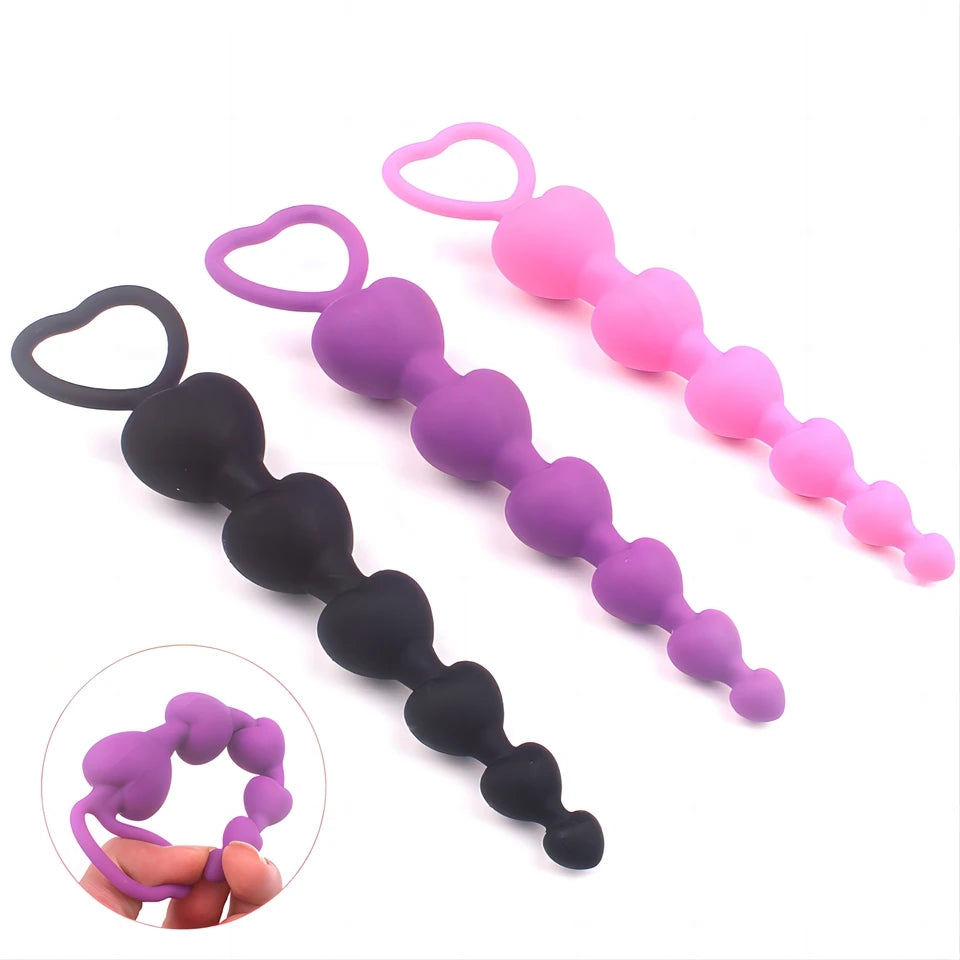 Silicone anal heart beads with heart handle in multiple colors