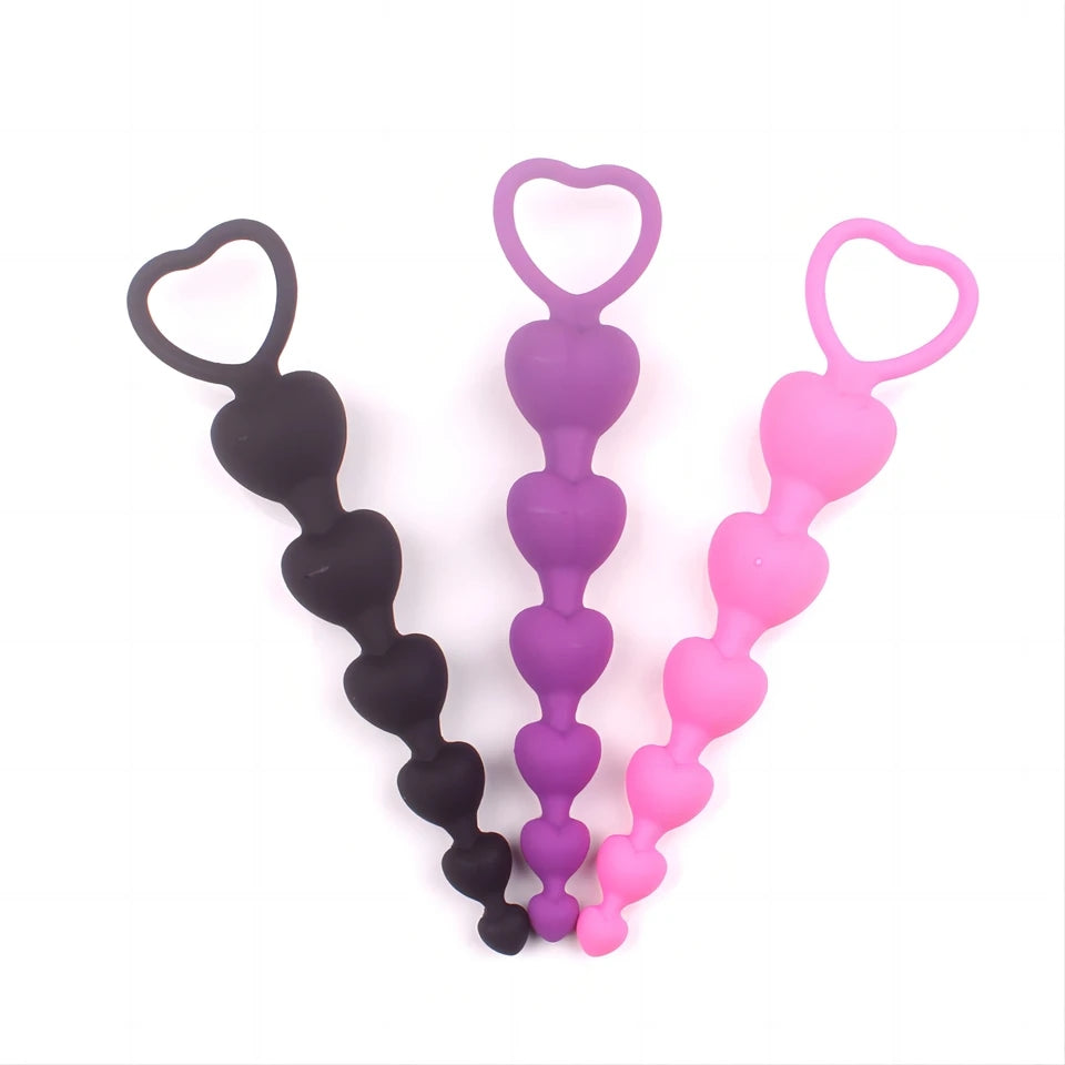 Silicone anal heart beads with heart handle in multiple colors
