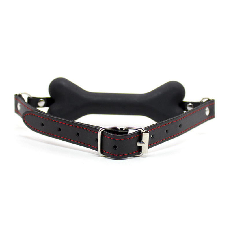 Silicone bone gag with adjustable leather straps in pink or black
