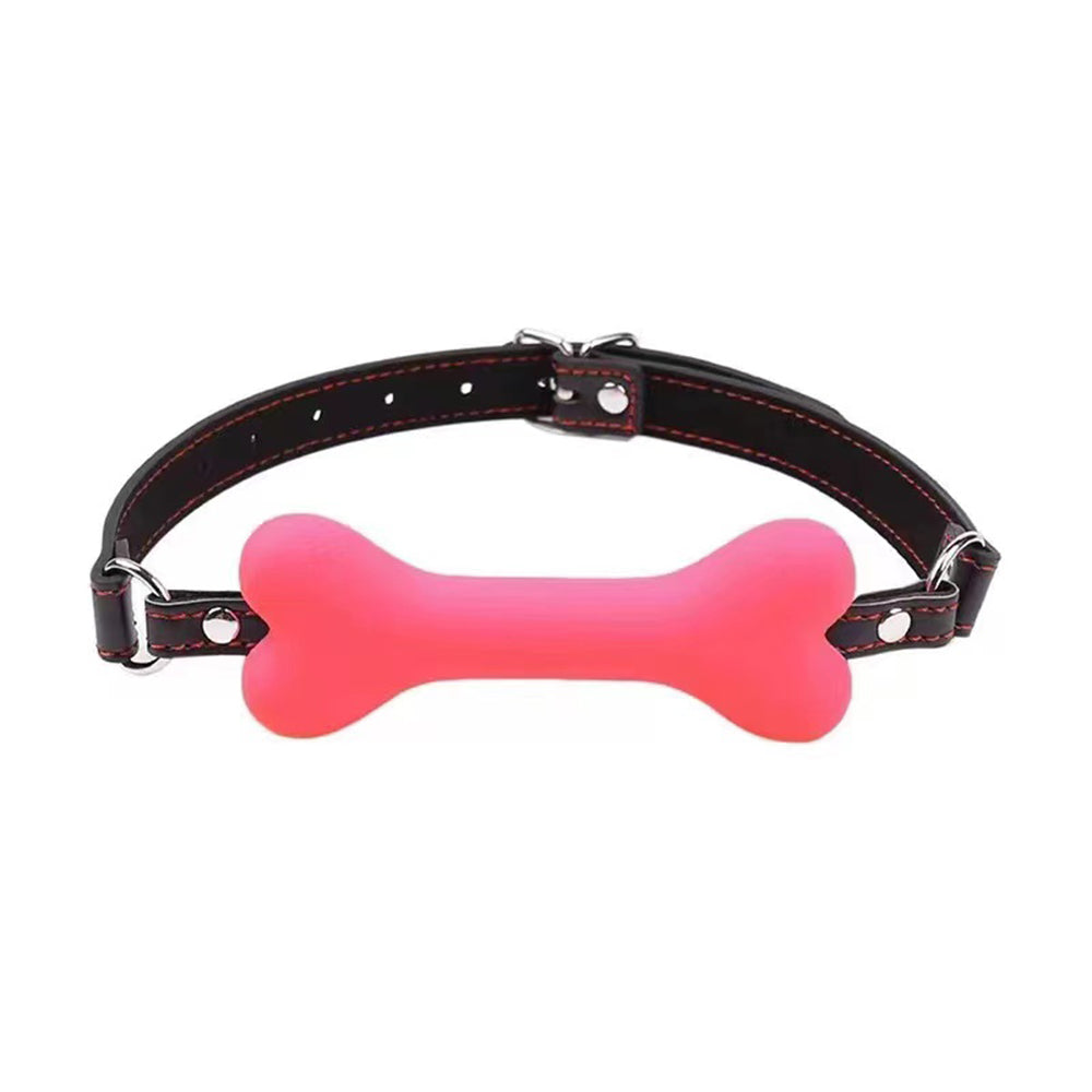 Silicone bone gag with adjustable leather straps in pink or black