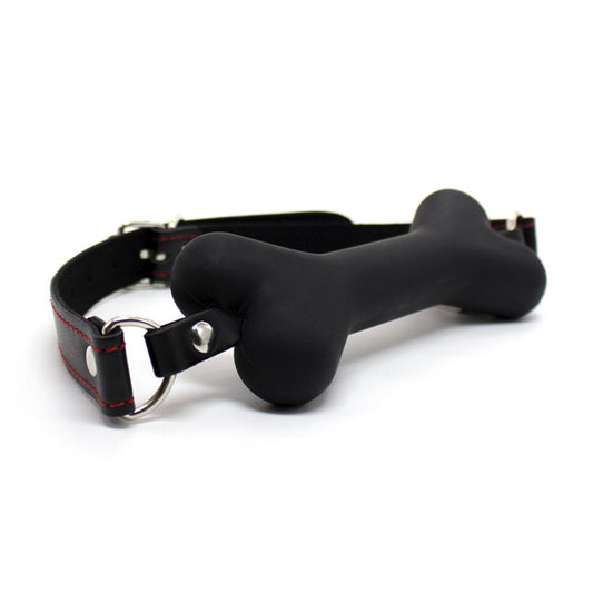 Silicone bone gag with adjustable leather straps in red or black