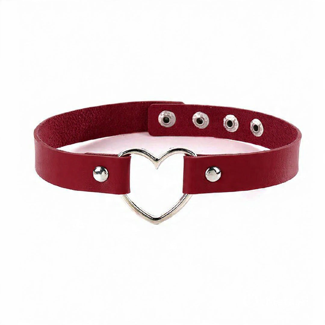 Single color PU leather choker collar with heart metal ring