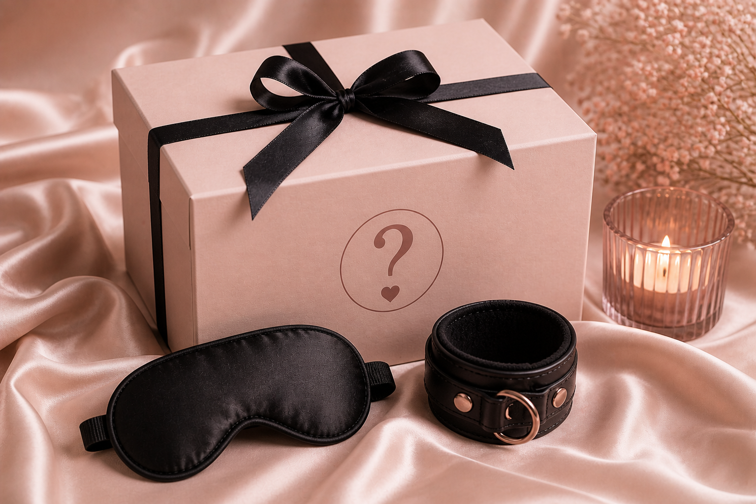 Soft BDSM mystery box with beginner-friendly accessories, black satin ribbon, blindfold, cuff, and candle on blush champagne satin fabric