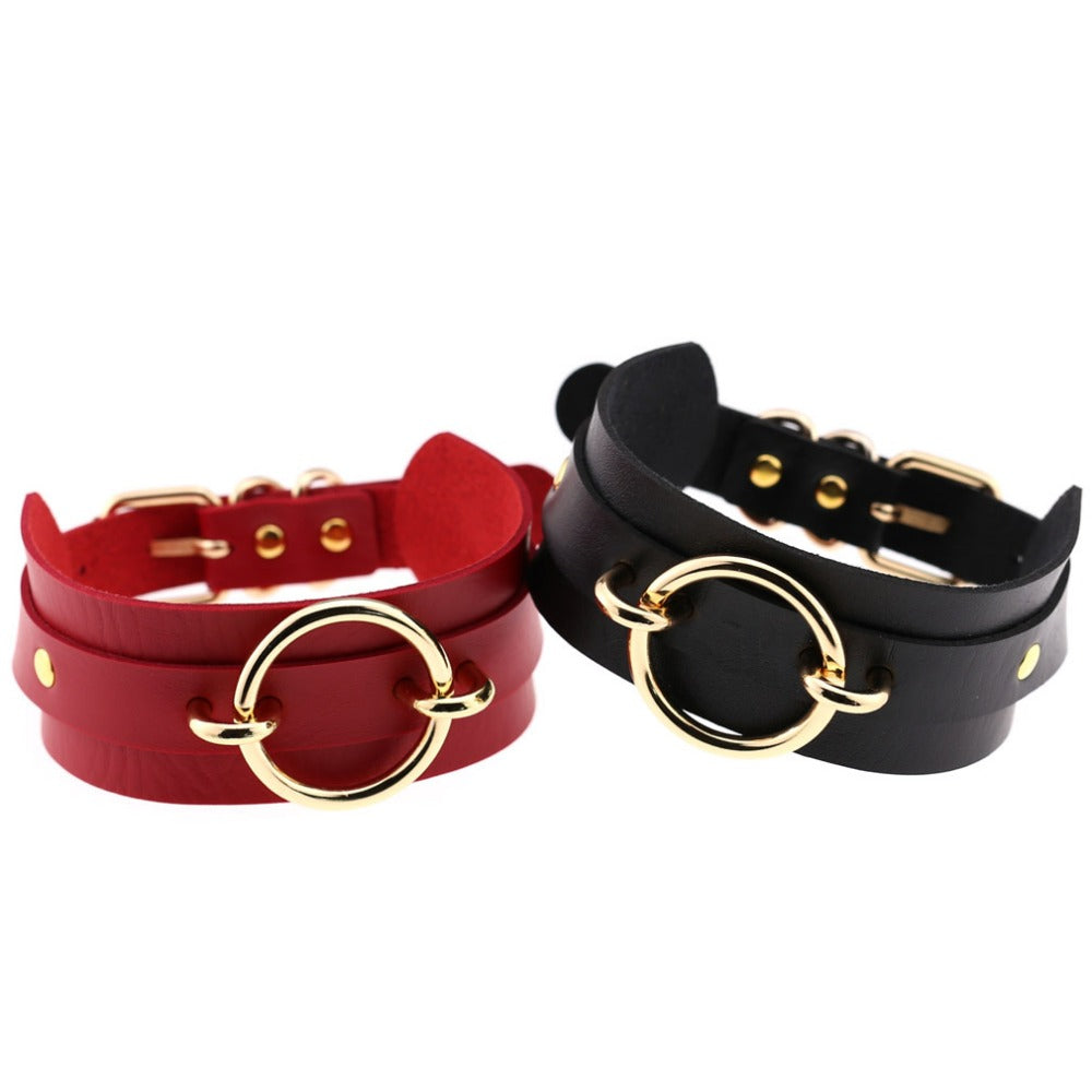 Wide PU leather choker collar with gold-tone O-ring and buckle closure