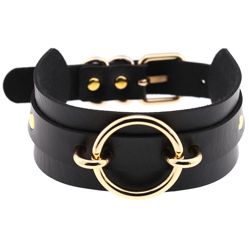 Wide PU leather choker collar with gold-tone O-ring and buckle closure