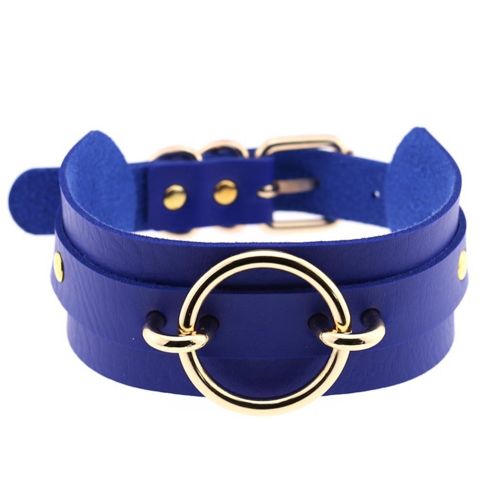 Wide PU leather choker collar with gold-tone O-ring and buckle closure