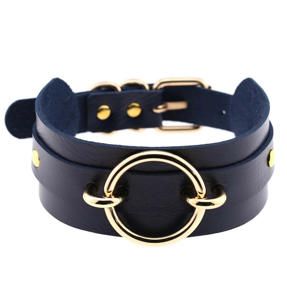 Wide PU leather choker collar with gold-tone O-ring and buckle closure
