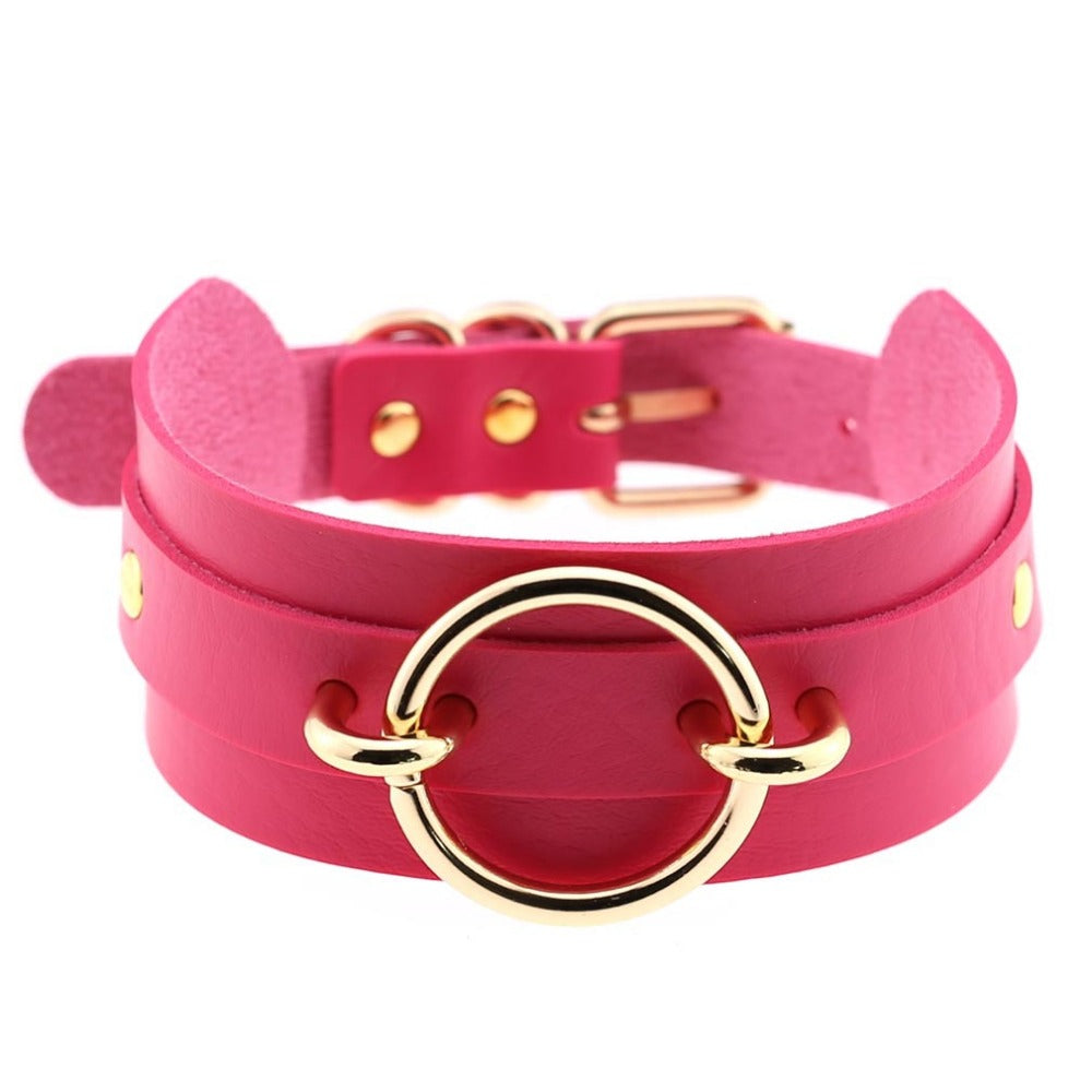 Wide PU leather choker collar with gold-tone O-ring and buckle closure