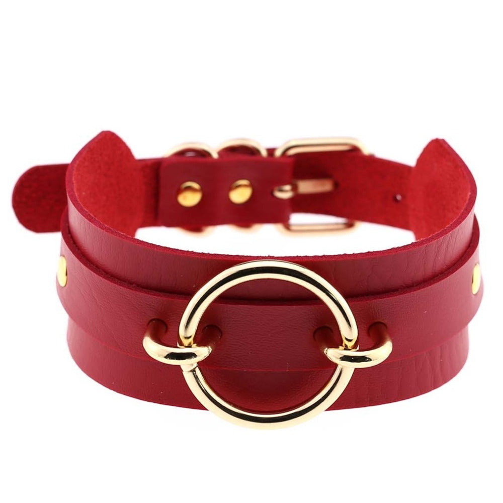 Wide PU leather choker collar with gold-tone O-ring and buckle closure
