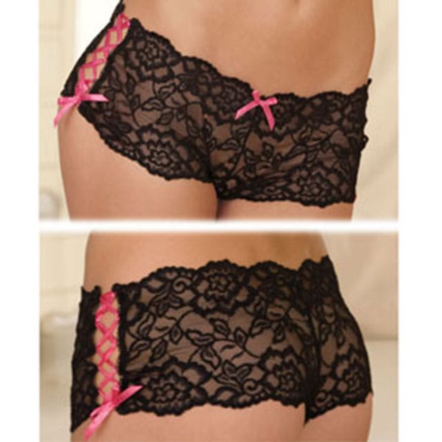Model wearing black crotchless lace boyleg panties with pink bows