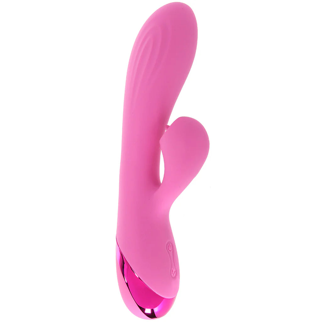 Juicy V-Gasm pink rabbit vibrator with licking clitoral stimulator and curved G-spot shaft